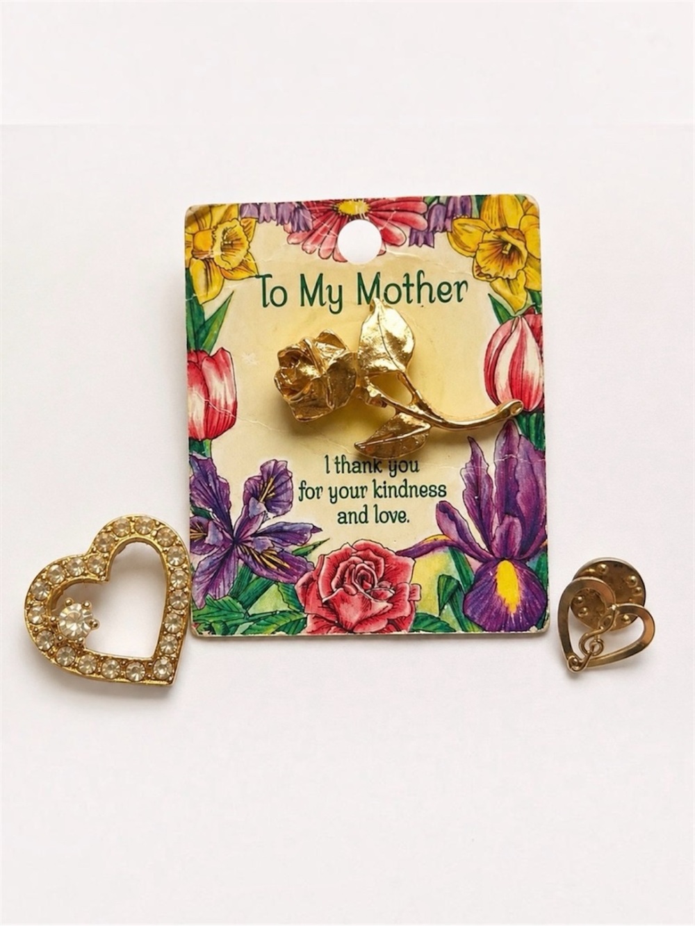 Vintage Mother’s Day Gold Rose & Heart Brooch Pin Bundle 3pc Vintage Jewelry Lot